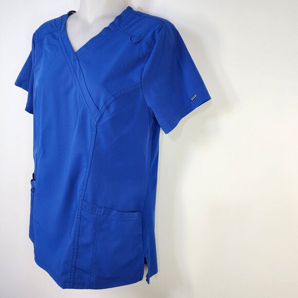 Elle Womens Scrub Top XS Mock Wrap EL620 Royal Blue Patch Pockets Tonal Texture - Picture 5 of 10